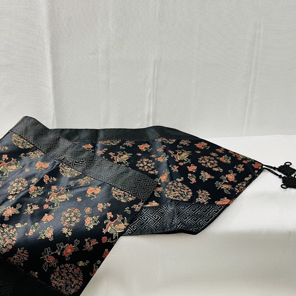 EUC Japanese Silk Table Runner Black w Embroidery, approx 72" long, 12" wide - Picture 2 of 5